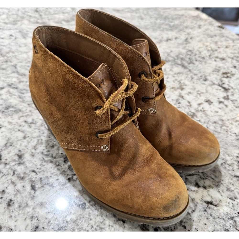 Sperry Stella Camel Tan Suede Lace-Up Wedge Booties Women's Size 7 EUC
